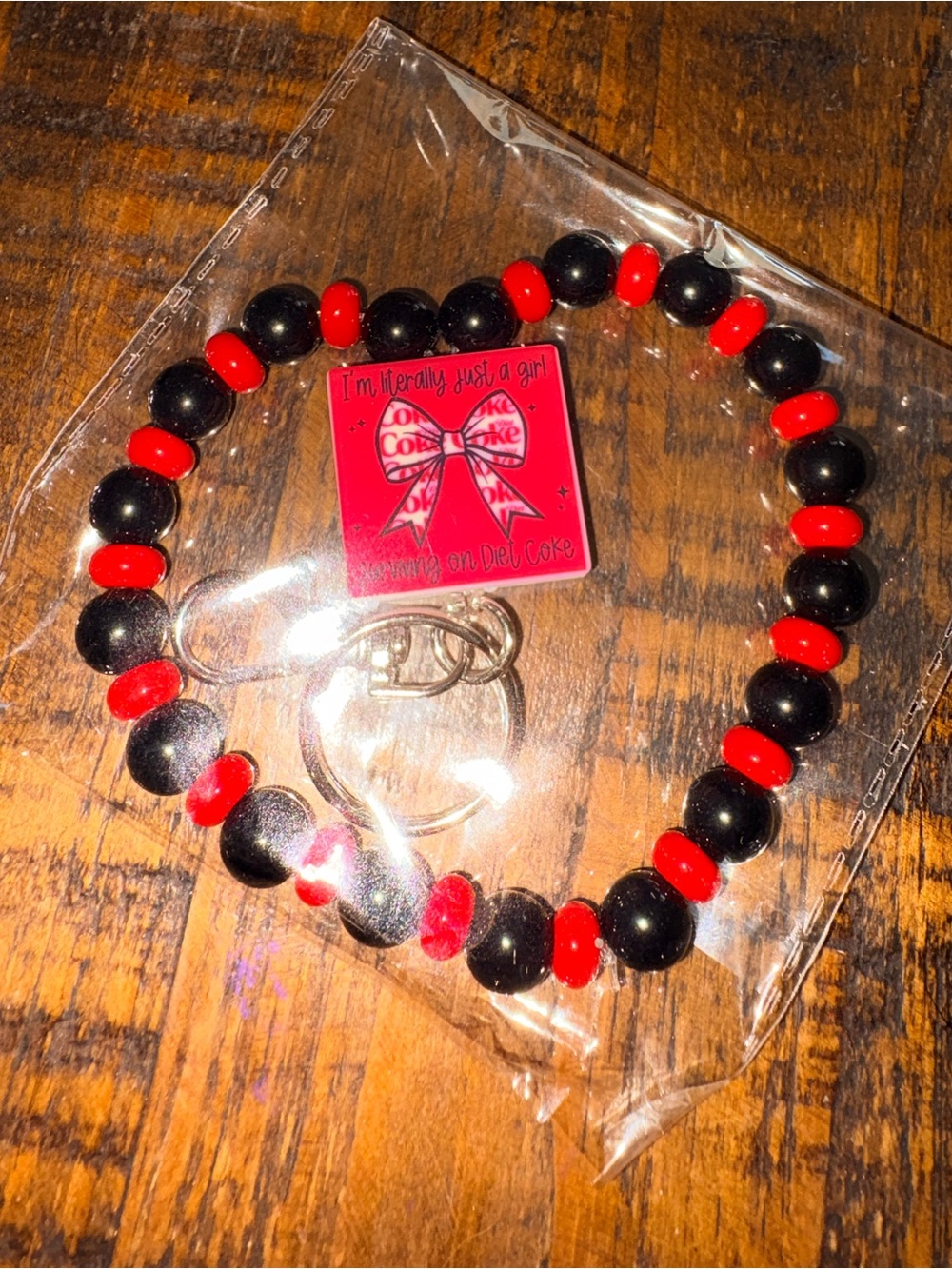Beaded Wristlet Key Holder in Red and Black with Bow Tag